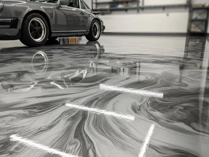 This may contain: a black and white photo of a car parked in a garage with the word love painted on the floor