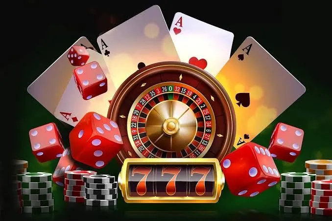 This may contain: a casino machine surrounded by dice and playing cards