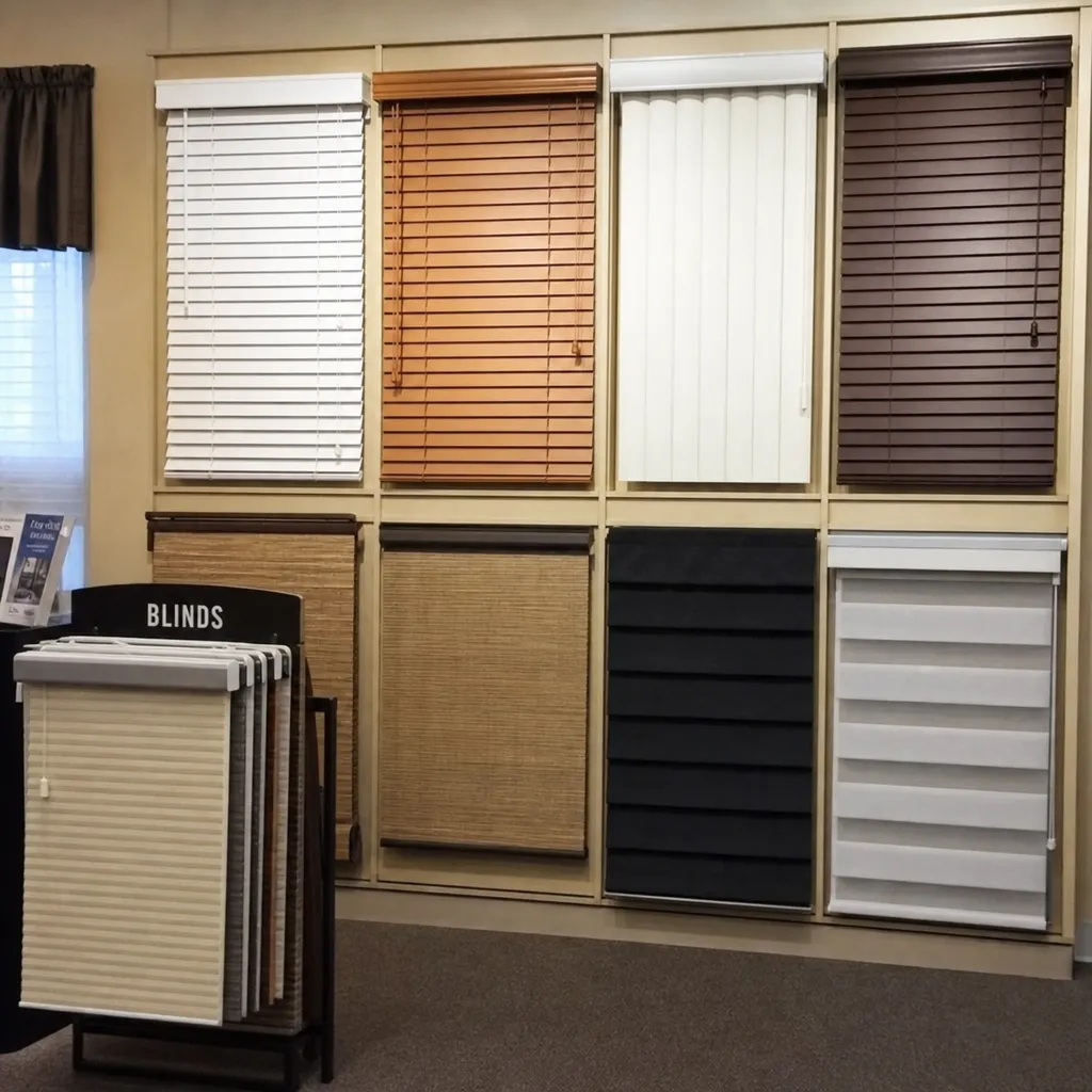 A variety of blinds displayed in a showroom