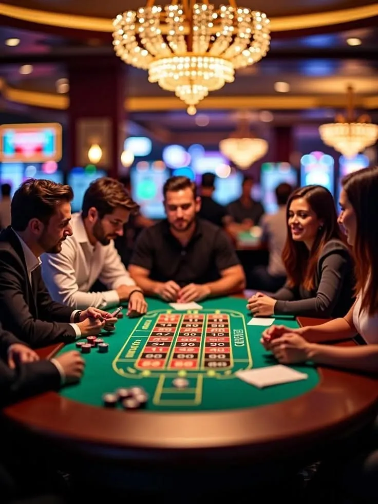 This may contain: people sitting at a casino table playing roulejack