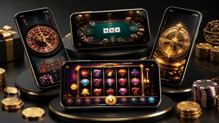 This may contain: several different types of casino machines and gold coins on a black table with two cell phones