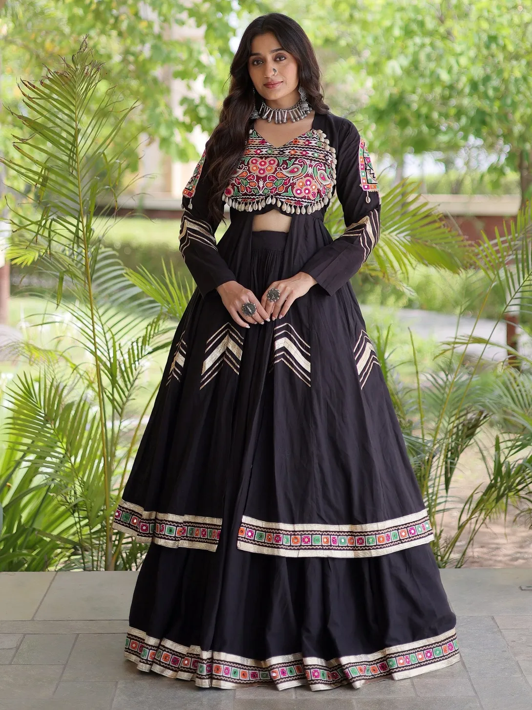 Wonderful Black Gamthi Work Cotton Navratri Wear Lehenga With Shrug