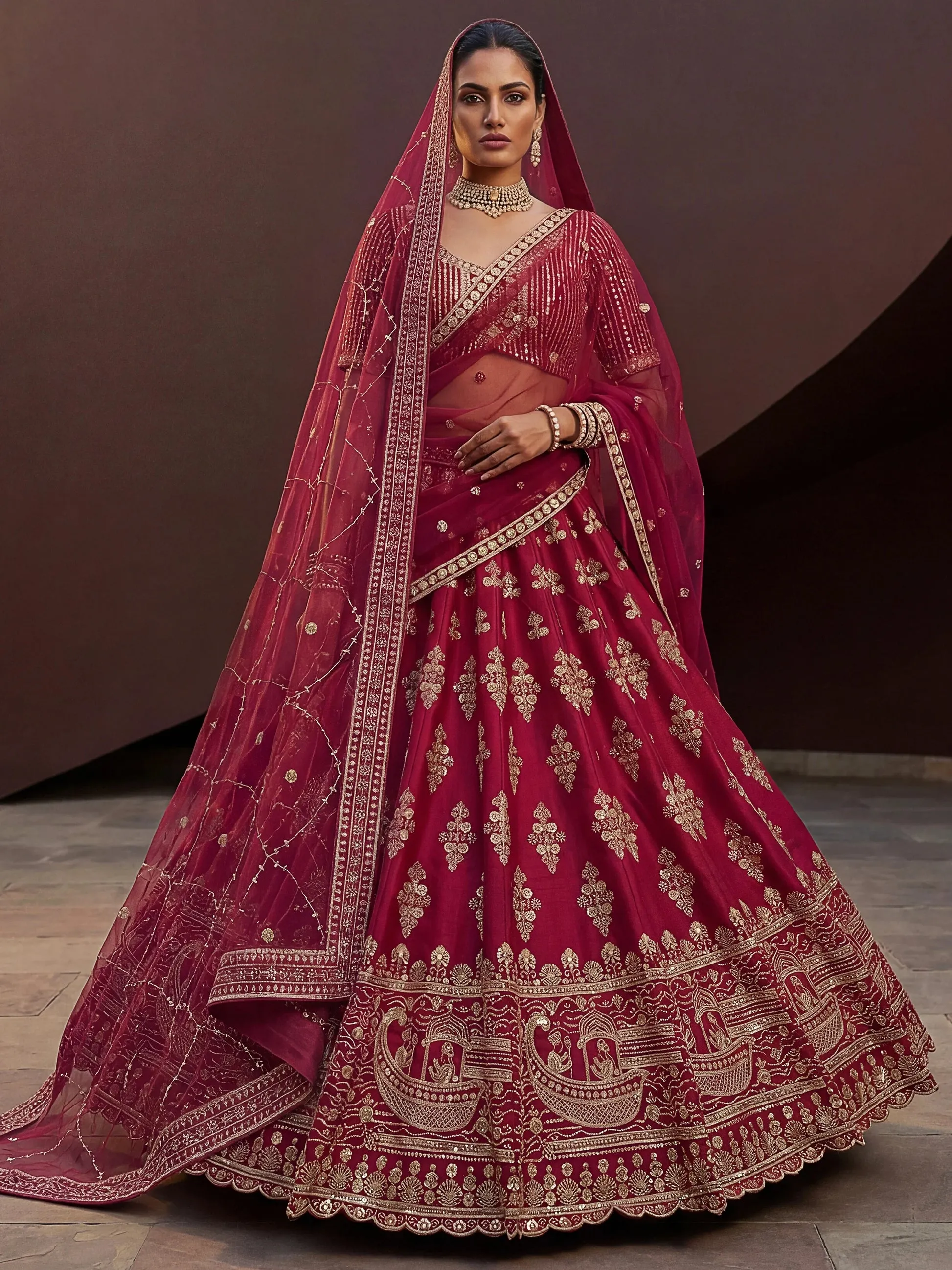 Graceful Pink Zari Embroidered Silk Bridal Lehenga Choli With Double Dupatta
