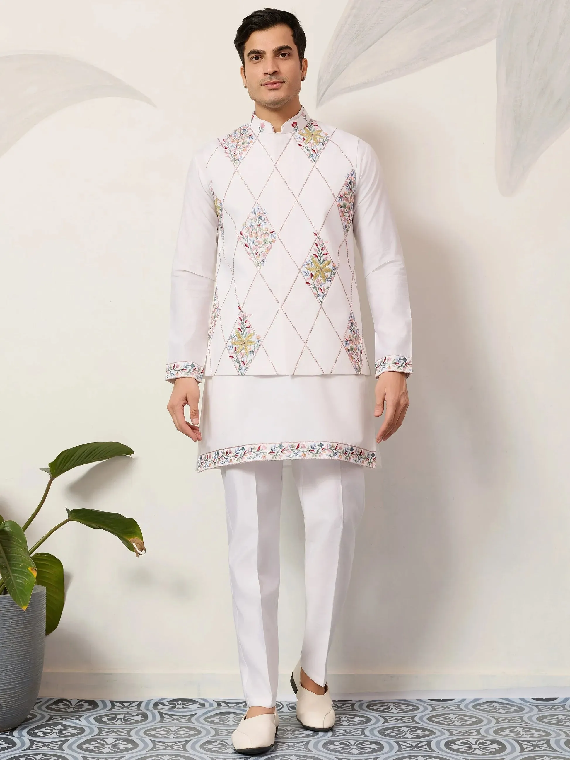 Stylish White Embroidered Viscose Silk Engagement Wear Men's Kurta Set With Jacket