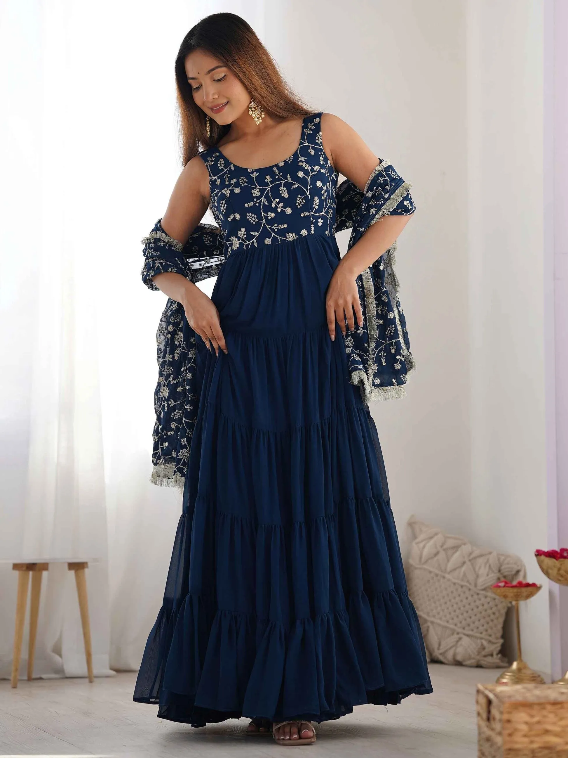 Bewitching Teal Blue Embroidered Georgette Anarkali Gown With Dupatta - Zeel Clothing
