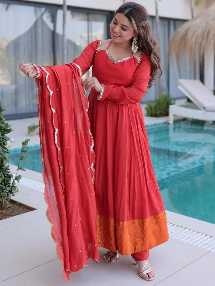 Lovable Red Chanderi Wedding Wear Anarkali Suit With Sequins Dupatta