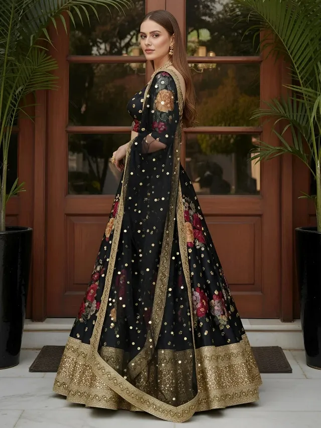 Terrific Black Floral Printed Silk Sangeet Wear Lehenga With Blouse