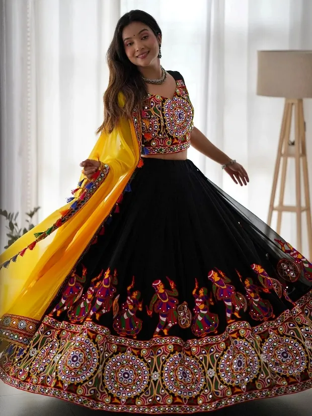 Magnificent Black Embroidered Georgette Navratri Special Lehenga Choli - Zeel Clothing