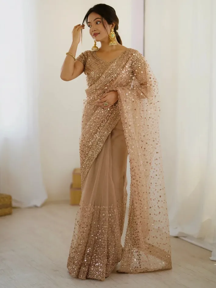 Marvelous&nbsp;Golden Sequins Net Party Wear Saree With Blouse - Zeel Clothing