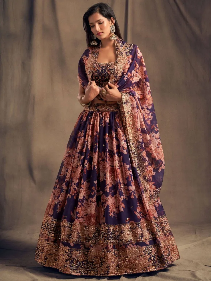 Purple Floral Printed Organza Festival Lehenga Choli - Zeel Clothing