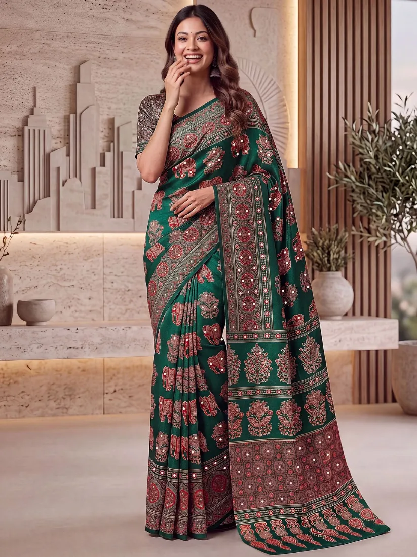 Enchanting Green Ajrak Printed Crepe Wedding Wear Saree With Blouse