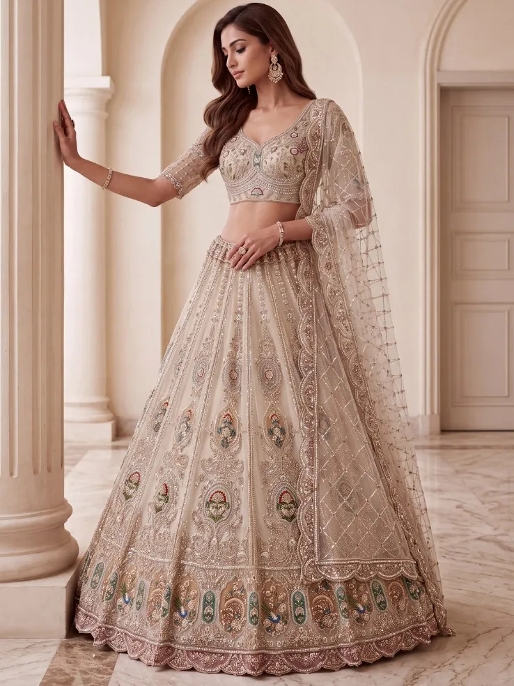 Glowing Beige Handwork Net Engagement Wear Lehenga Choli