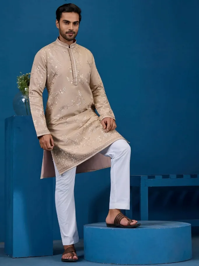 Classic Beige Sequins Work Silk Festive Wear Men Kurta
