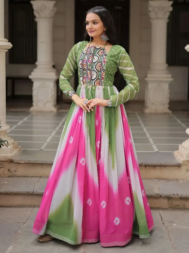 Green and pink embroidered ethnic gown with tie-dye skirt, perfect for Indian occasions