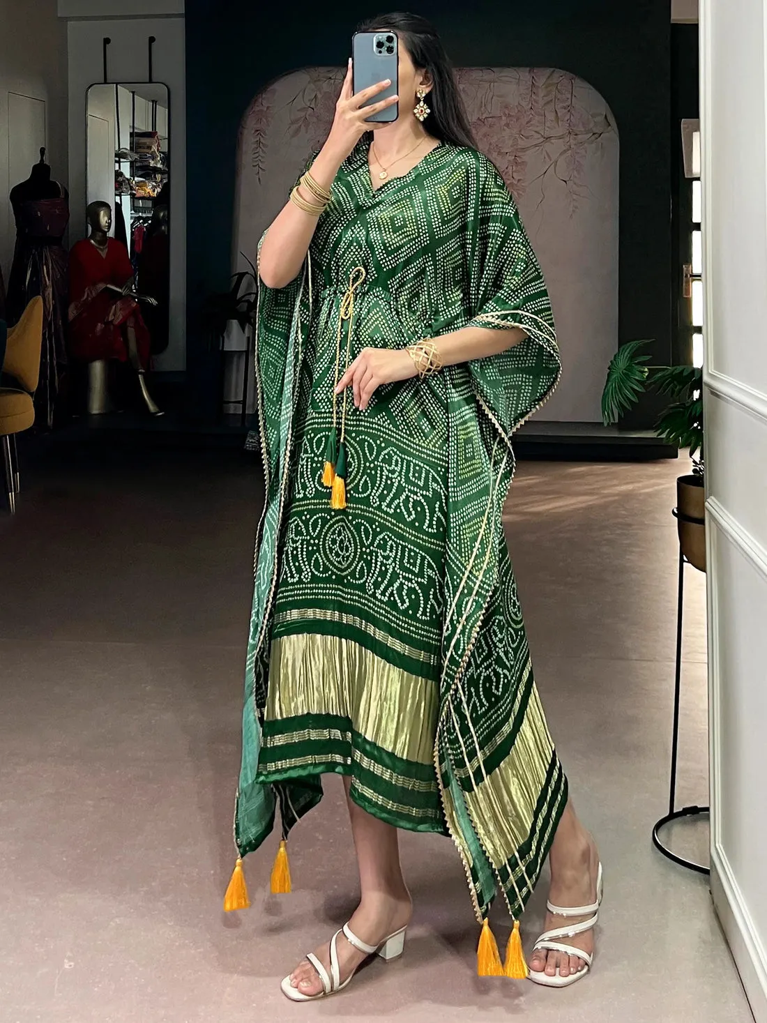 Marvelous Green Digital Printed Gaji Silk Festival Wear Kaftan