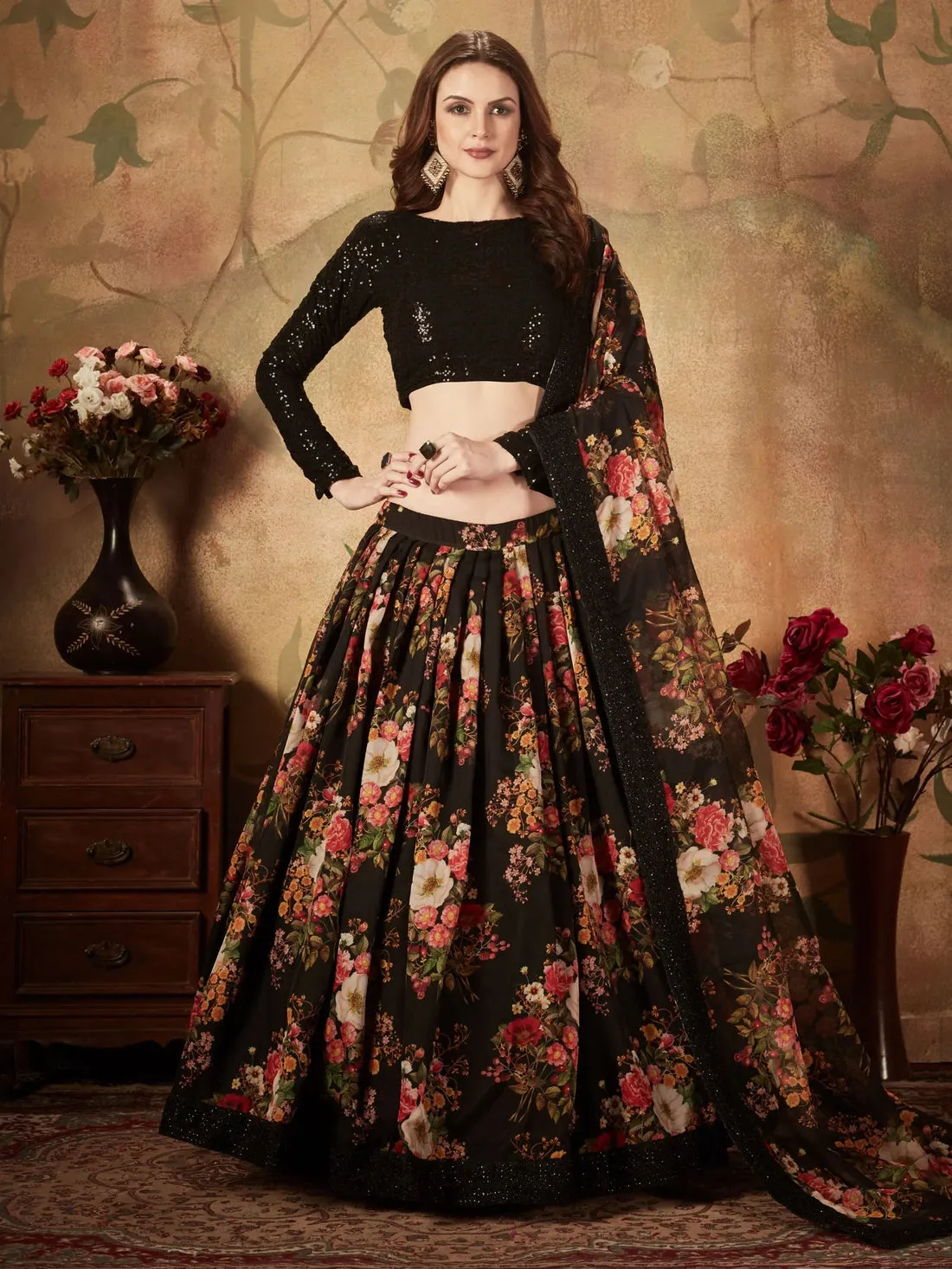 Beautiful Black Floral Printed Organza Reception Wear Lehenga Choli - Zeel Clothing