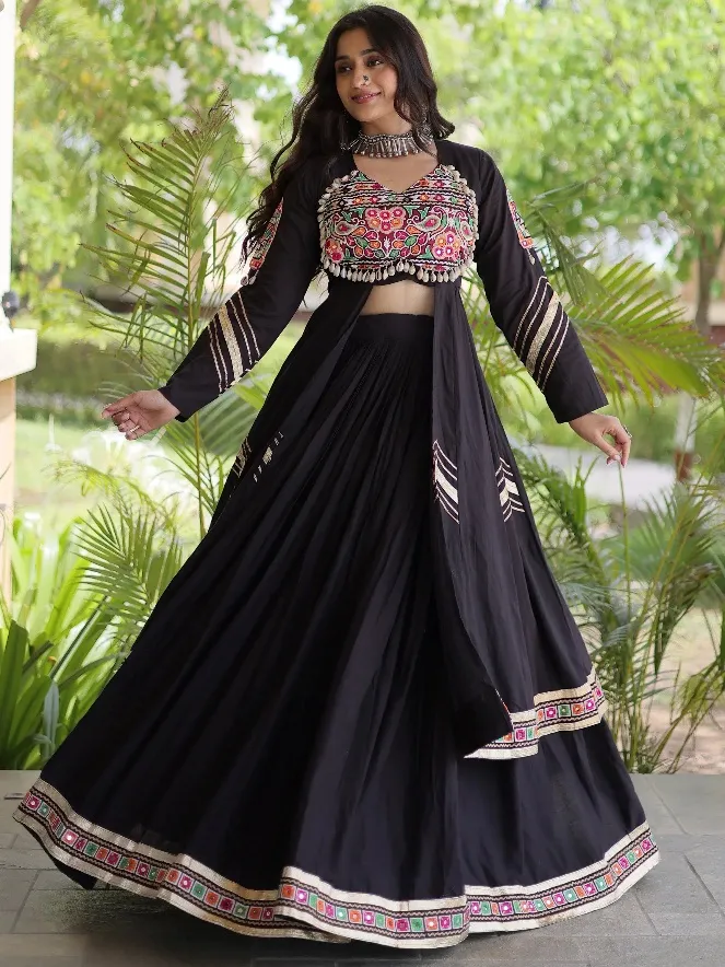 Remarkable Black Gamthi Work Cotton Navratri Wear Lehenga With Shrug