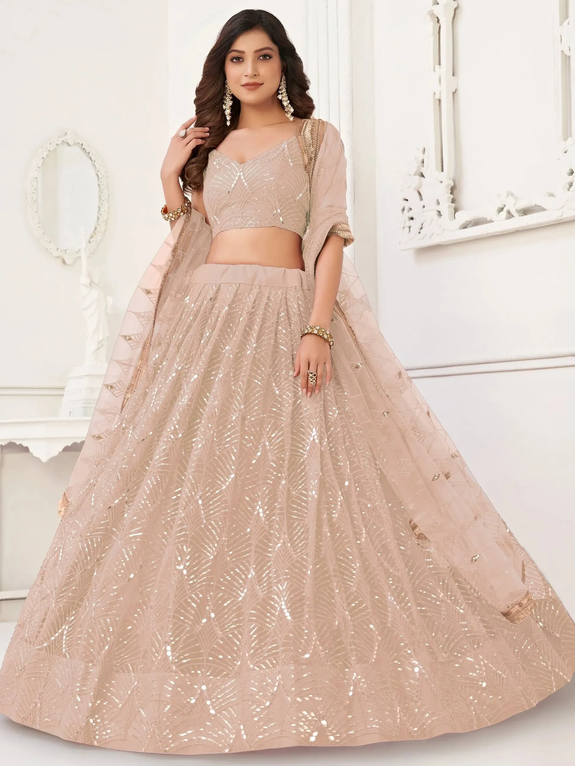 Enchanting Beige Thread Work Net Festivals Wear Lehenga With Dupatta