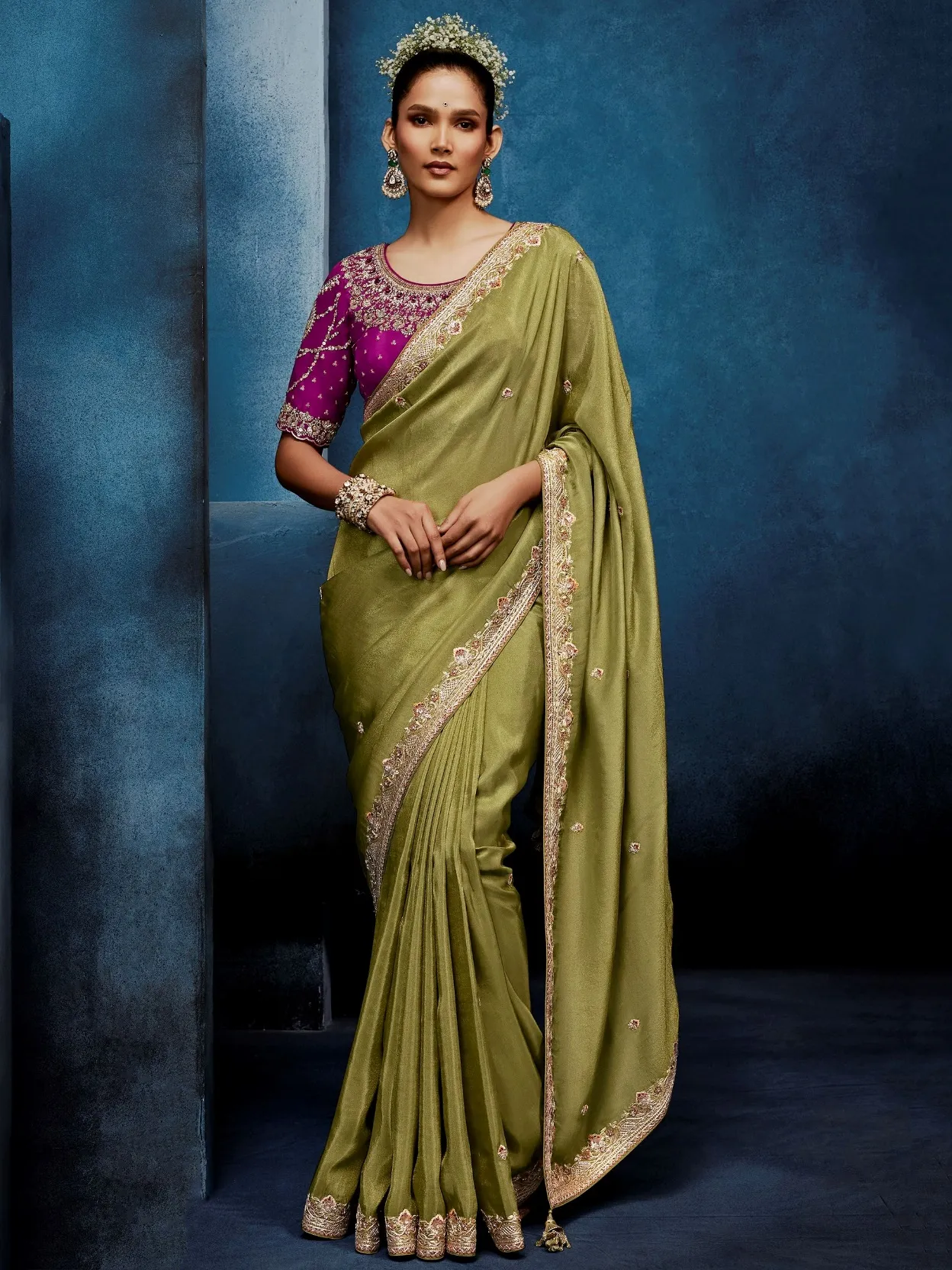 Incredible Olive Green Embroidery Silk Wedding Wear Saree With Blouse