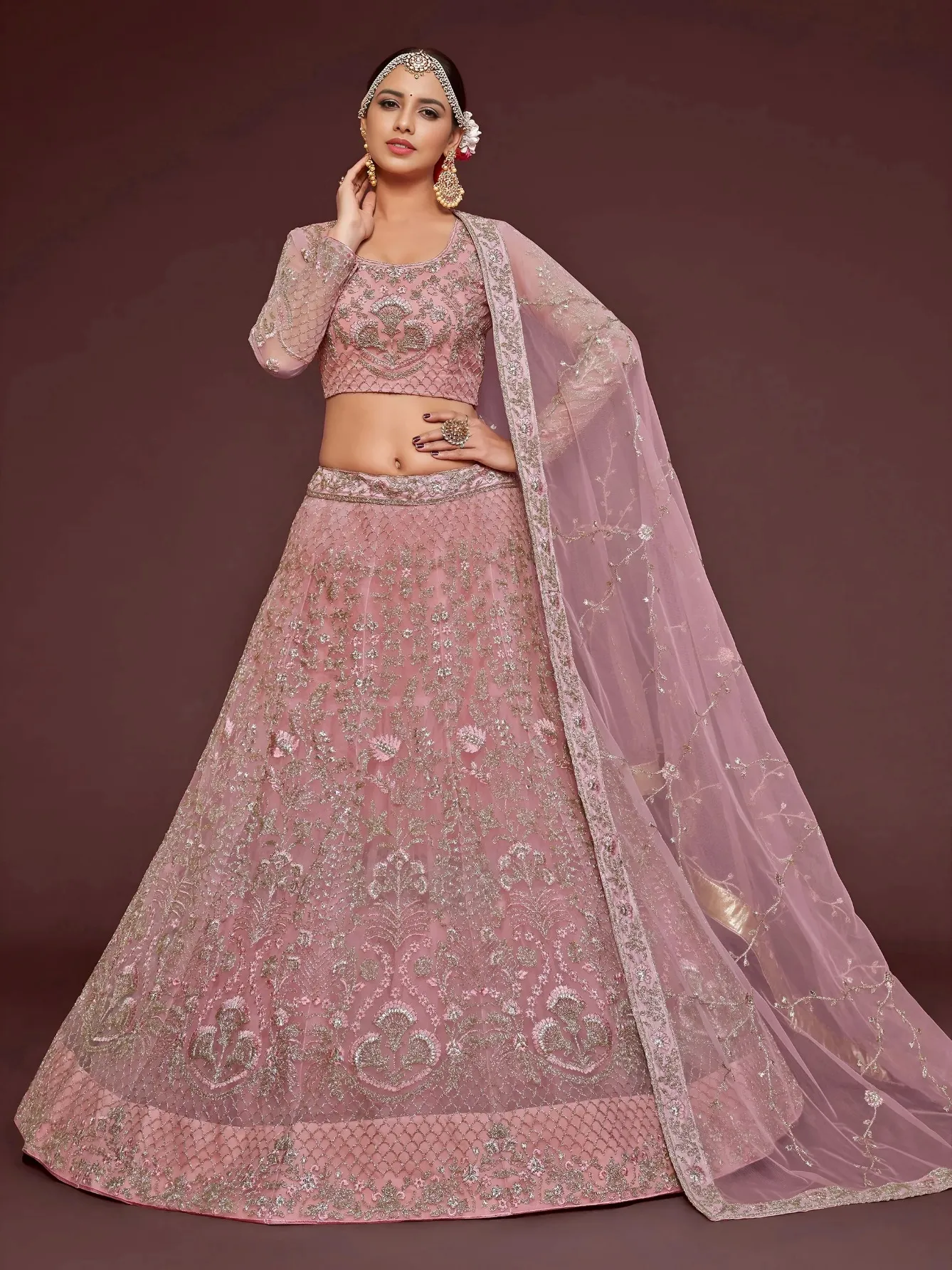 Appealing Pearl Pink Embroidered Soft Net Wedding Wear Lehenga Choli