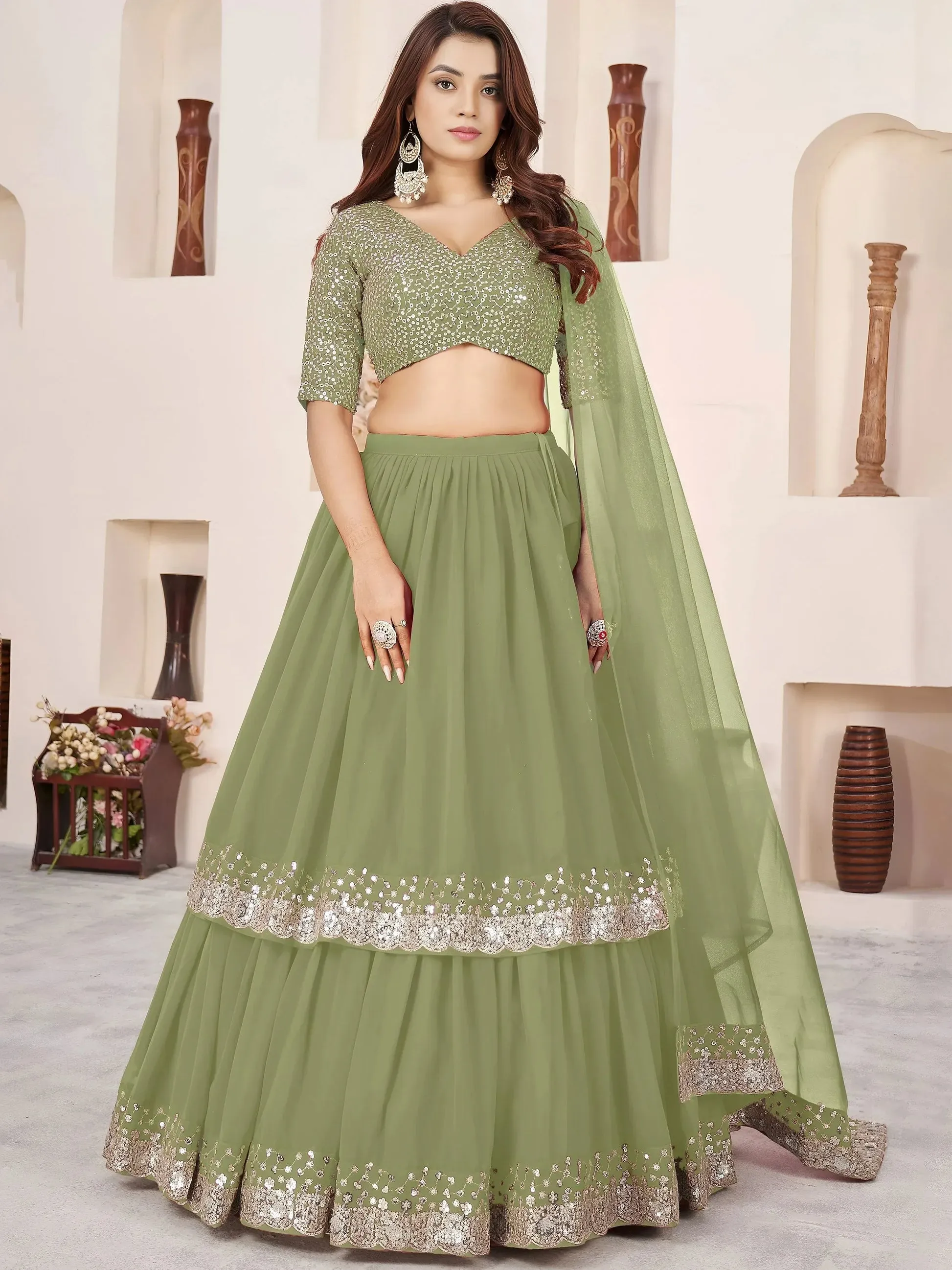 Striking Green Embroidered Georgette Engagement Lehenga With Dupatta