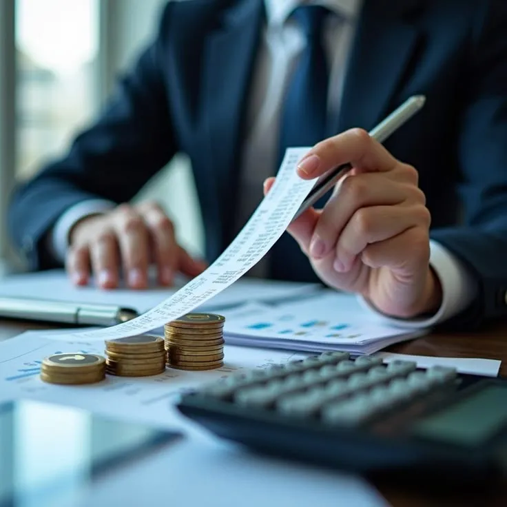 This may contain: a man in a business suit sitting at a desk with stacks of coins and calculator