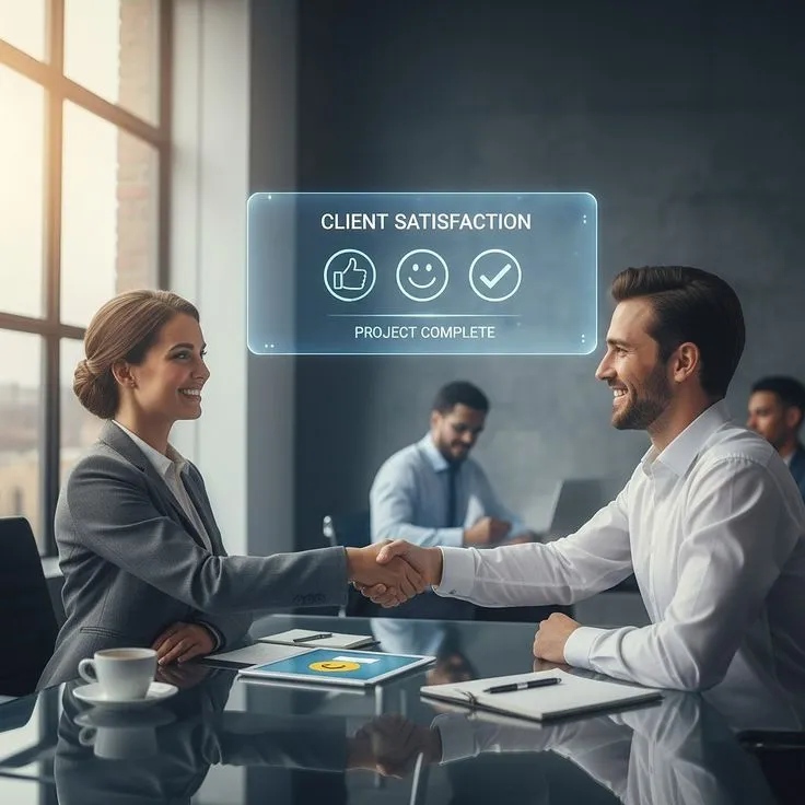 This may contain: two business people shaking hands in front of a glass table with laptops and papers on it