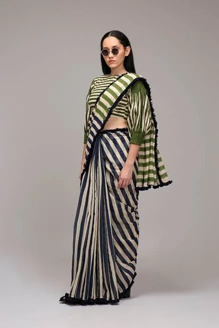 Handwoven cotton 2-piece crop top and saree set Egg-Shell (Off-White) with block-printed mul saree by MATI India 