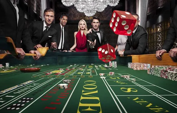 This may contain: a casino table with dices and people in suits