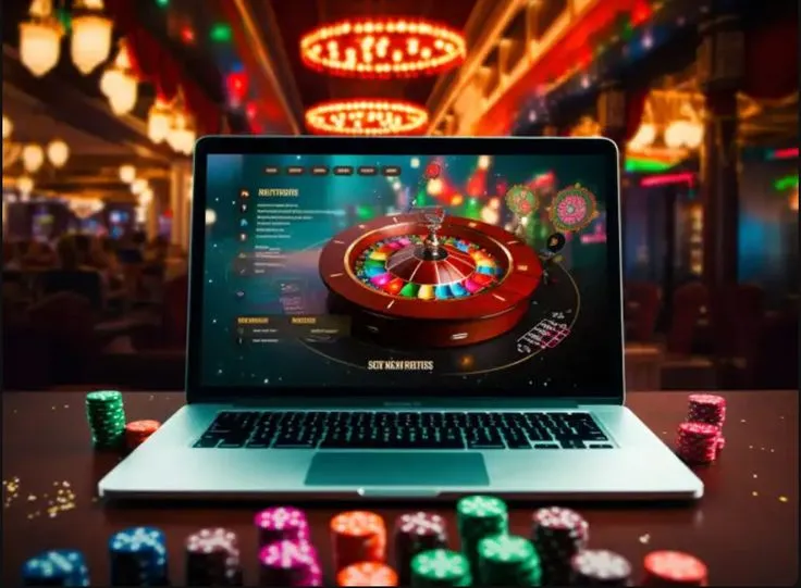 This may contain: a laptop computer sitting on top of a table next to casino chips and dices