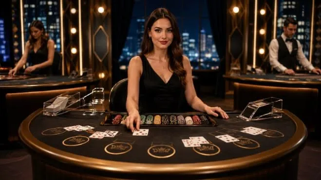 This may contain: a woman sitting at a casino table with cards