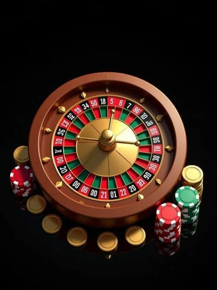 This may contain: a casino rouleet surrounded by poker chips on a black background