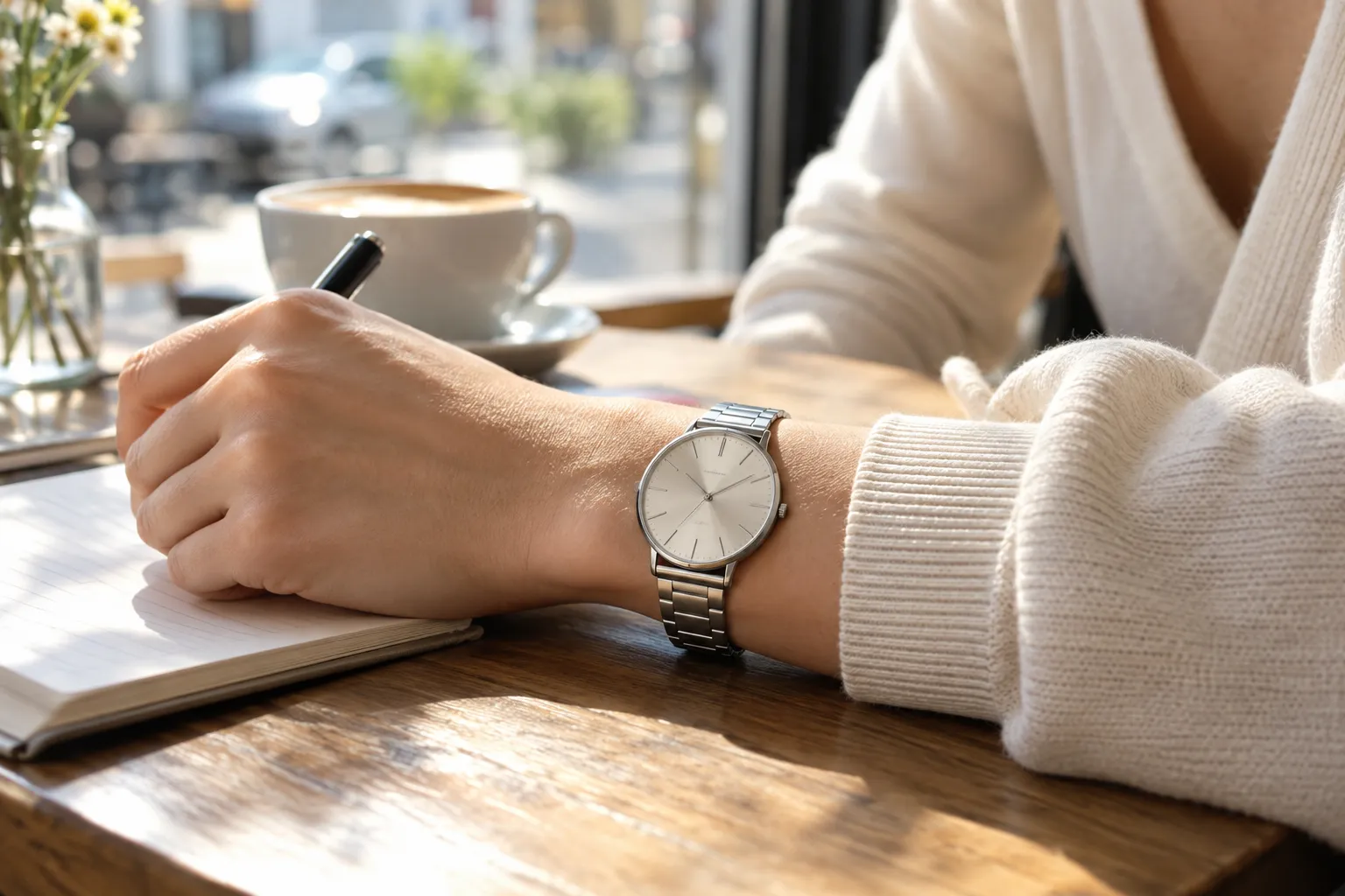 Person wearing a slim stainless steel watch while writing in a notebook at a cafe