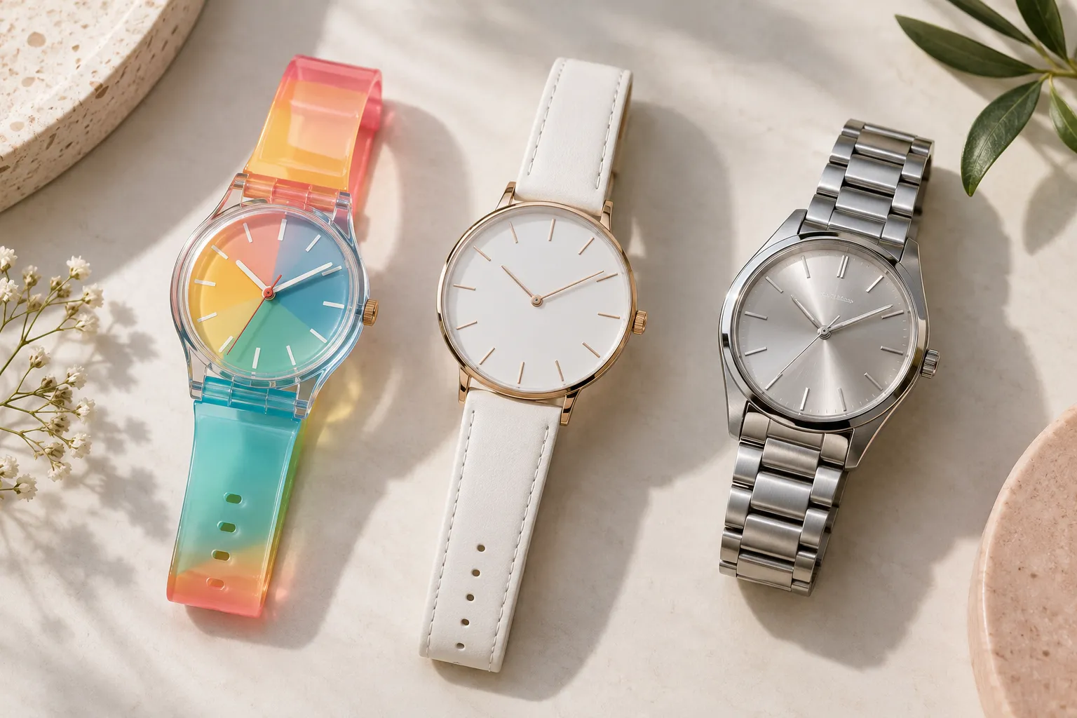 Three watch styles including a colourful resin watch, a minimalist white watch and a stainless steel watch