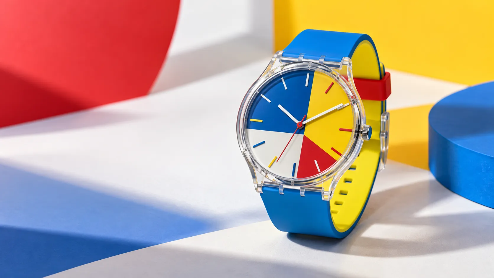 Colourful modern Swatch style watch with a translucent case and vibrant geometric dial