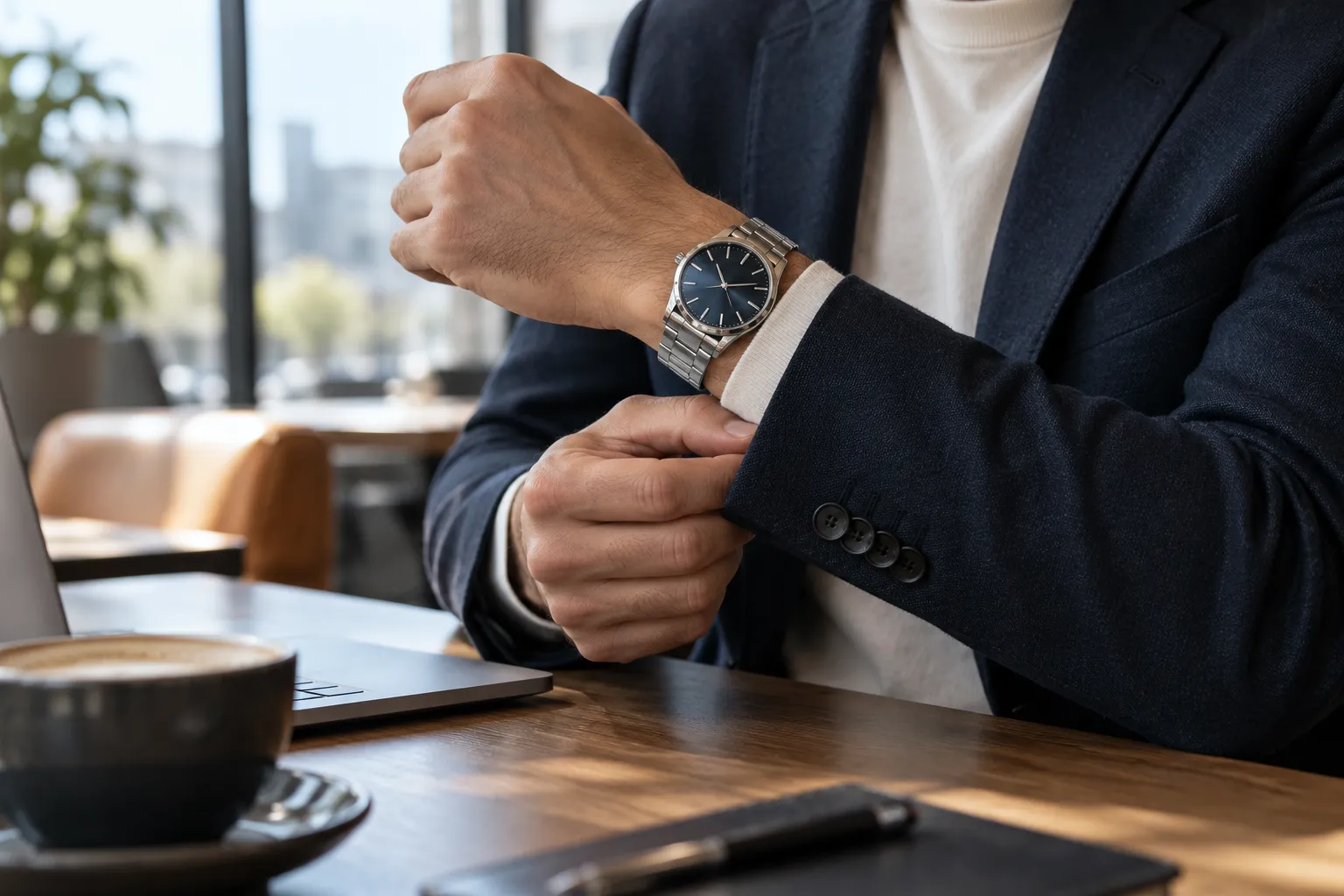 Man wearing a stainless-steel watch while adjusting a jacket cuff at a cafe