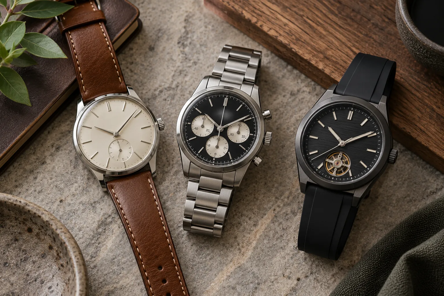 Three watch styles with leather, stainless-steel, and dark modern straps