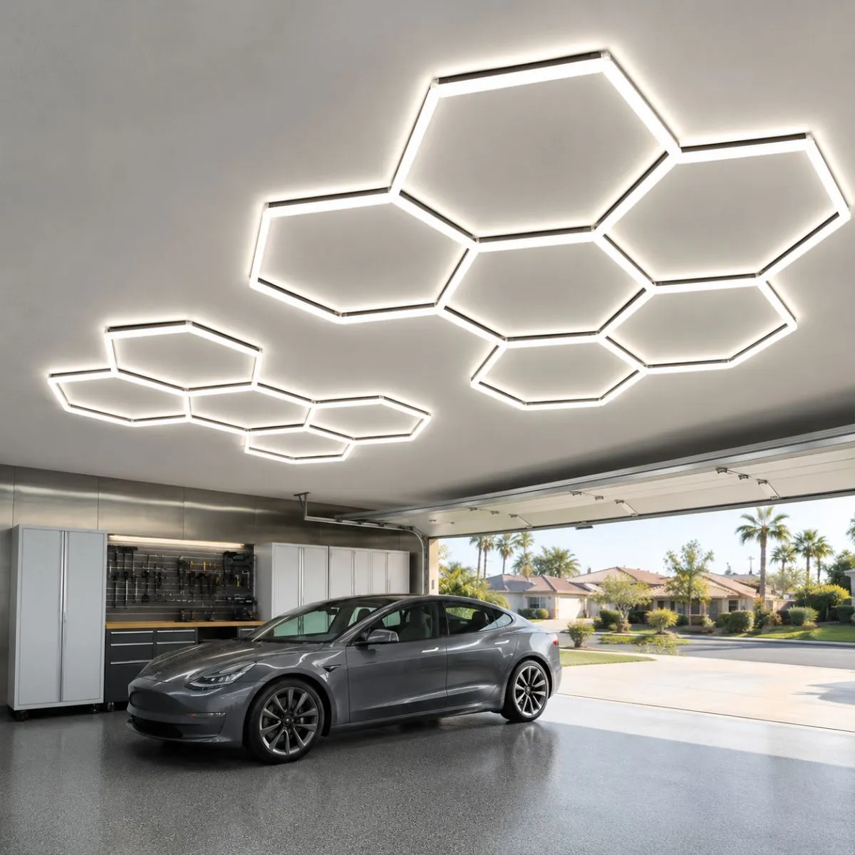 Garage Lighting Ideas Using Hexagon LED Lights for Modern Workshops