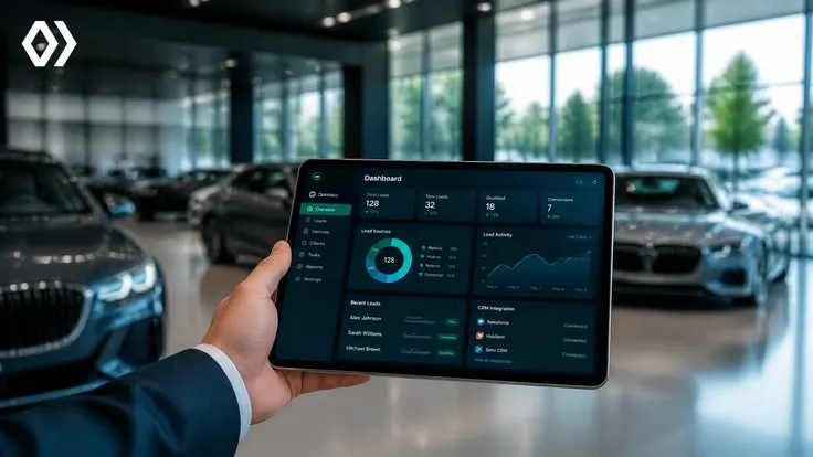 This may contain: a person holding up a tablet displaying an image of cars in a car showroom