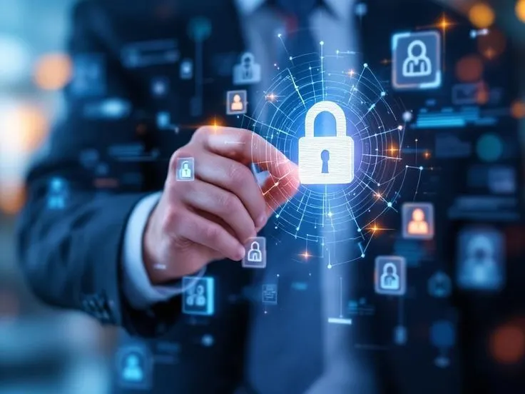 This may contain: a man in a business suit touching a padlock on a touch screen with icons
