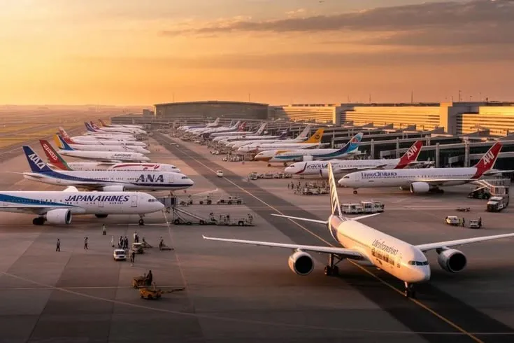 This may contain: an airport filled with lots of airplanes parked next to each other