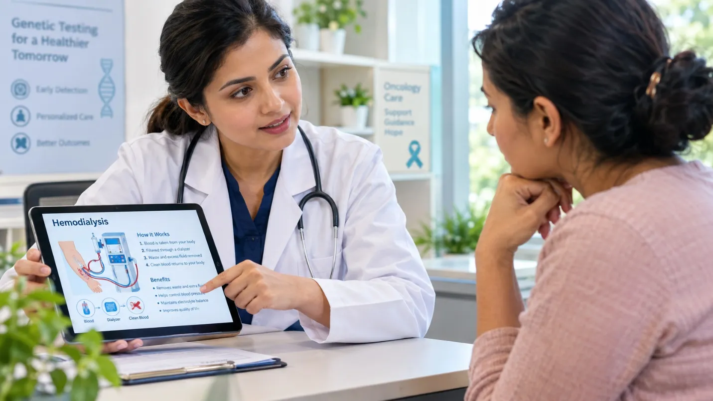 Female doctor explaining hemodialysis to a patient using a tablet in a bright, modern medical consultation room.
