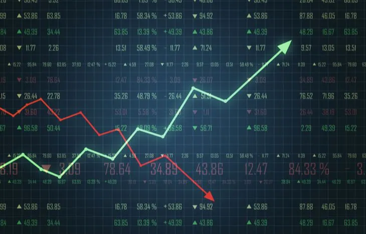 This may contain: an upward graph on a blue background with green and red arrows in the foreground