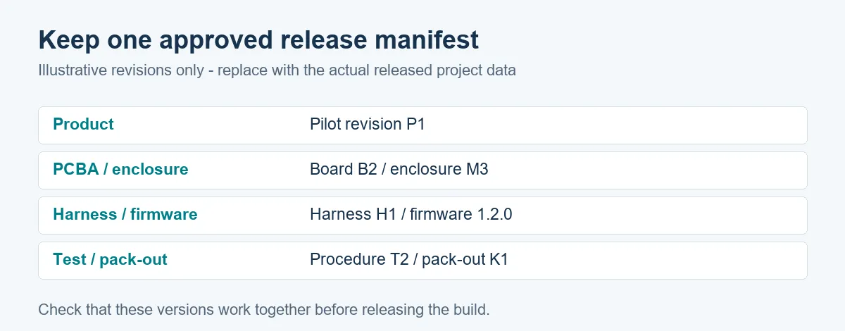 An example release manifest showing how one product revision maps to approved subsystem documents