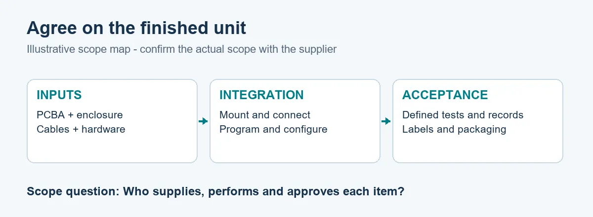Scope map connecting the PCBA, enclosure, wiring, firmware and testing to one finished unit