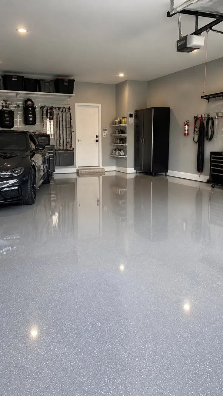 This may contain: a car is parked in the garage with its lights on