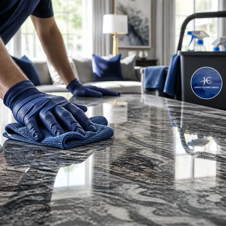 This may contain: a person with blue gloves cleaning a marble counter top in a living room area,