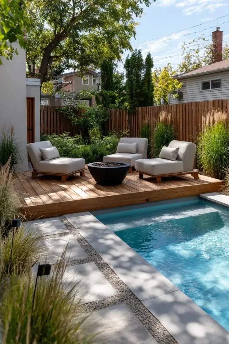 This may contain: a small backyard with a pool and seating area