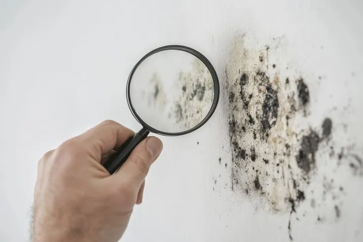 This may contain: a hand holding a magnifying glass looking at black mold on the side of a wall