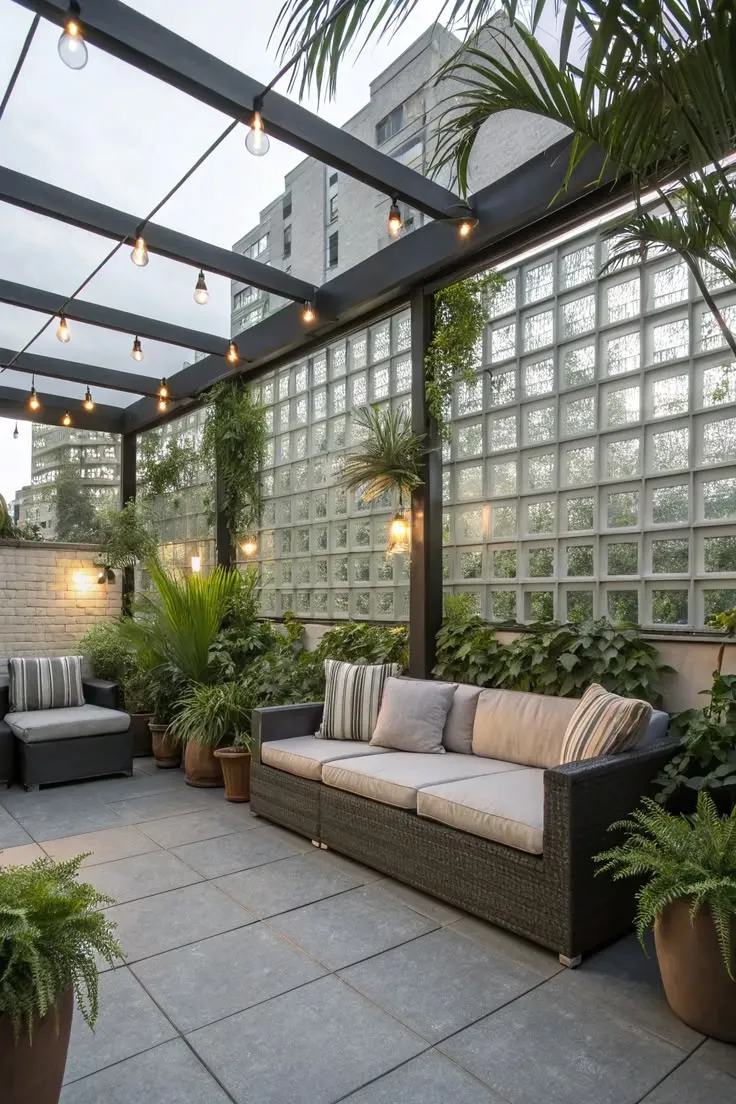 This may contain: an outdoor living area with couches and potted plants on the roof terrace, surrounded by glass block walls